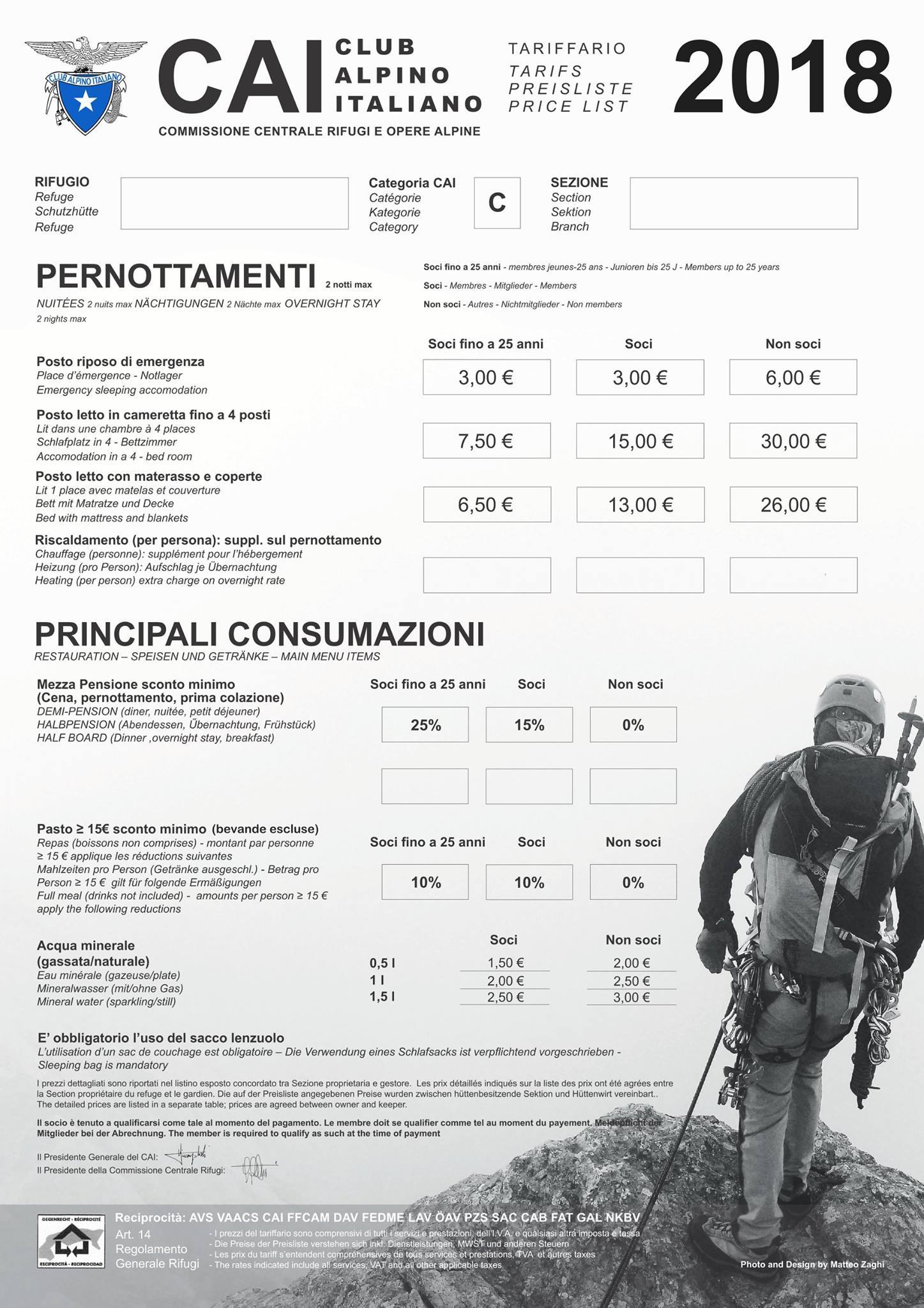 Tariffario Club Alpino Italiano
